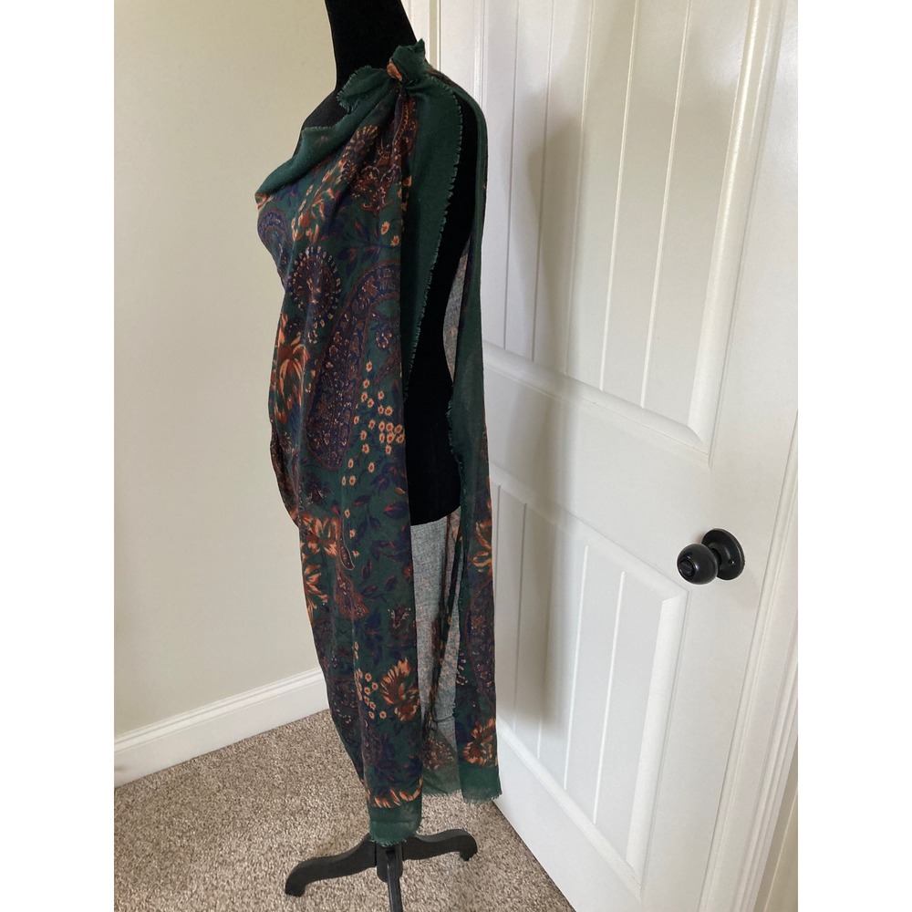 Vintage Style Made in Italy Green Floral Paisley Print Fringe Wrap Scarf Shawl - Picture 3 of 8